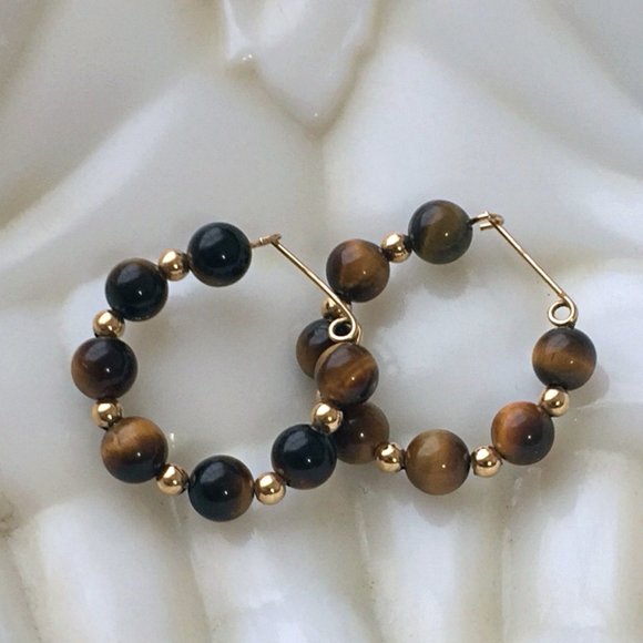 VTG Tiger Eye + Gold HOOP EARRINGS 80s Cat Eye - Picture 5 of 6